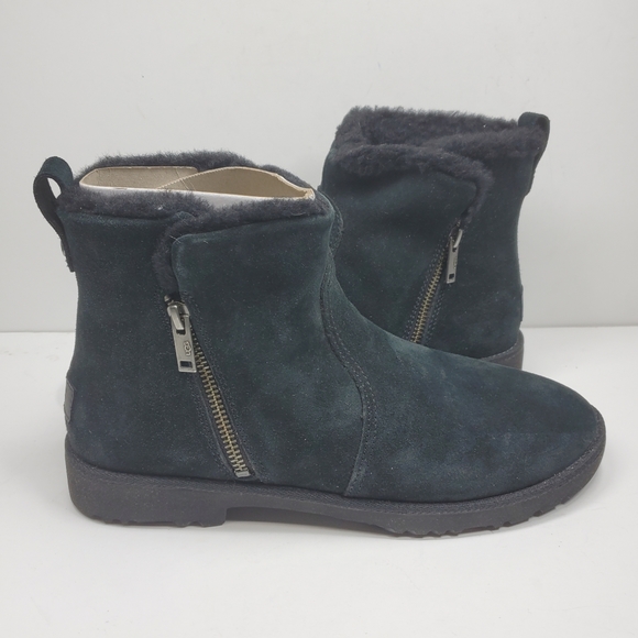 New UGG Romely Black Fur Zip Ankle Boots - Picture 2 of 10